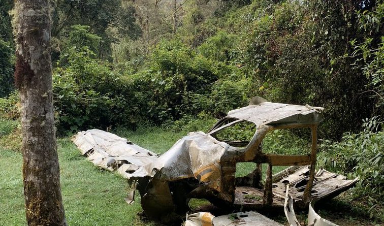Abgestürtzes Flugzeug als ein Highlight einer Wanderung auf dem großen Gelände der Quetzal Paraiso Lodge, Parque N. Los Quetzales, Costa Rica